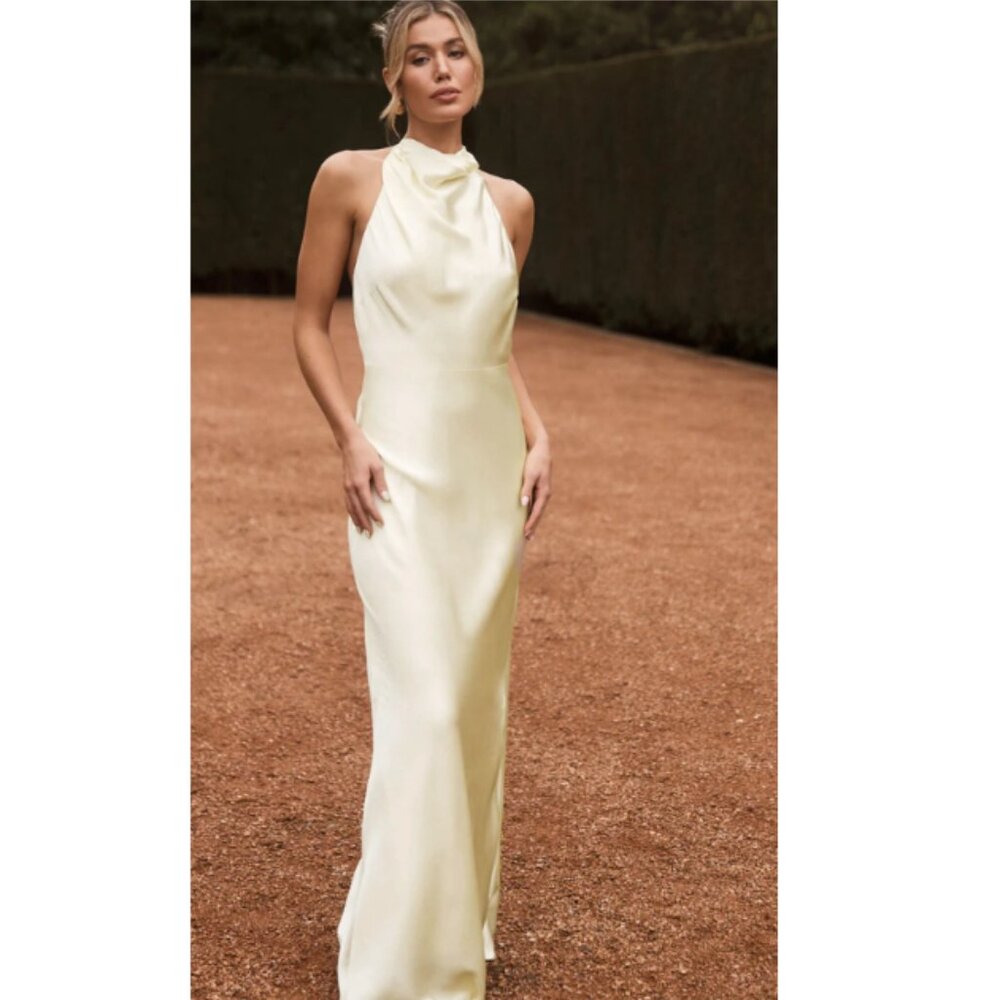 Pale Yellow Satin Cowl Maxi Dress